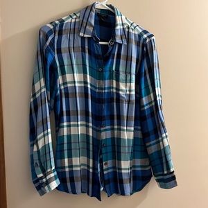 Talbots PP BLUE, teal, white and black plaid blouse. EUC. Needs pressed, though.